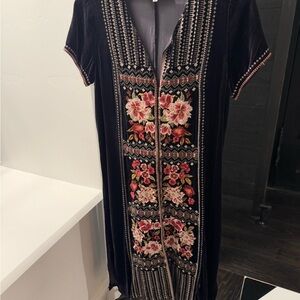 Johnny Was- Floral Embroidered Velvet Dark Plum Dress
